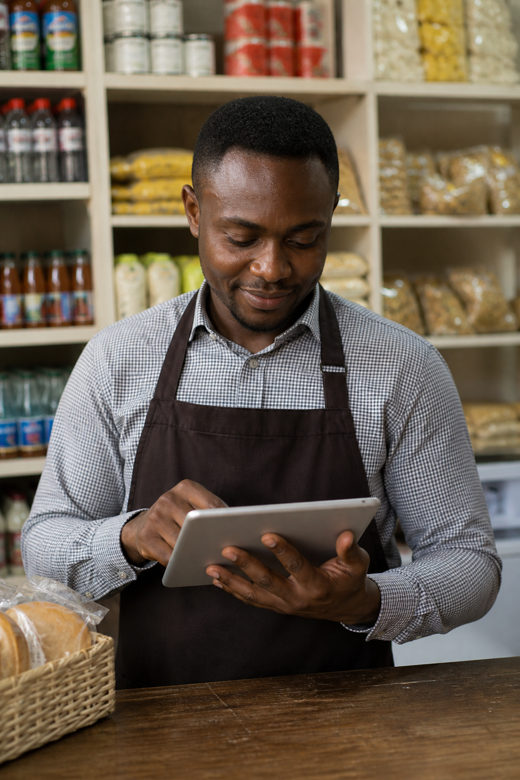 Shopkeeper at the counter using a digital till